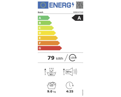 Bosch Energieeffizienzlabel mit der Energieeffizienzklasse A, einem jährlichen Energieverbrauch von 79 Kilowattstunden, einer Schleudereffizienz von 95 Prozent, einer maximalen Beladung von 9 Kilogramm und einer Programmdauer von 4 Stunden 25 Minuten.