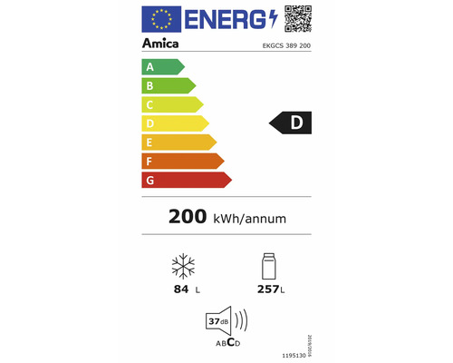 Amica Energielabel EKGCS 389 200 mit der Energieeffizienzklasse D, einem jährlichen Energieverbrauch von 200 Kilowattstunden, einem Gefriervolumen von 84 Liter und einem Kühlvolumen von 257 Liter sowie einer Geräuschemission von 37 Dezibel.