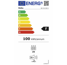Amica Energielabel mit der Energieeffizienzklasse F, einem jährlichen Energieverbrauch von 100 Kilowattstunden, einer Kapazität von 26 Flaschen und einem Geräuschpegel von 36 Dezibel