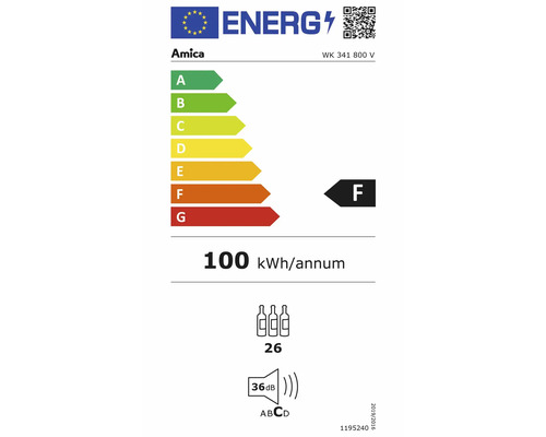 Amica Energielabel mit der Energieeffizienzklasse F, einem jährlichen Energieverbrauch von 100 Kilowattstunden, einer Kapazität von 26 Flaschen und einem Geräuschpegel von 36 Dezibel