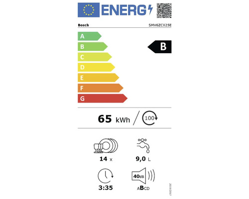 Bosch Energielabel mit der Energieeffizienzklasse B, einem Energieverbrauch von 65 Kilowattstunden pro 100 Zyklen, einer Kapazität von 14 Maßgedecken, einem Wasserverbrauch von 9,0 Liter, einer Programmdauer von 3 Stunden 35 Minuten und einer...