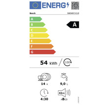 Bosch Energielabel SBD6ECX21E mit Energieeffizienzklasse A, Energieverbrauch 54 Kilowattstunden pro 100 Spülgänge, 14 Maßgedecke, Wasserverbrauch 9,0 Liter, Programmdauer 4:30 Stunden und Geräuschentwicklung 42 Dezibel