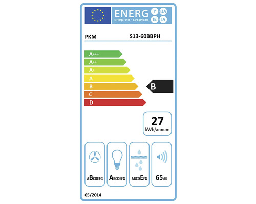PKM S13-60BBPH Energielabel mit Energieeffizienzklasse B, Energieverbrauch 27 Kilowattstunden pro Jahr und Geräuschemission 65 Dezibel