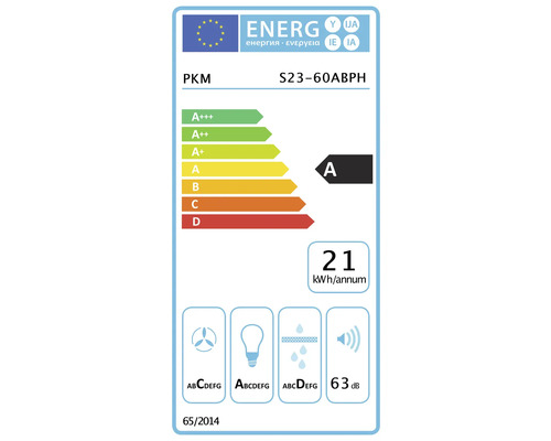 PKM S23-60ABPH Energielabel mit Energieeffizienzklasse A, jährlichem Energieverbrauch von 21 Kilowattstunden pro Jahr und einem Geräuschpegel von 63 Dezibel