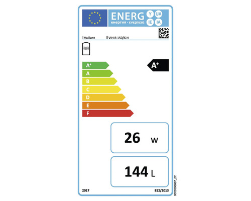 Vaillant Energieetikett mit Energieeffizienzklasse A+, 26 Watt und 144 Liter
