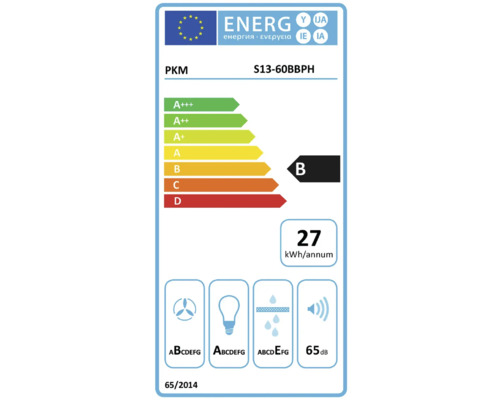 PKM Energielabel S13-60BBPH mit Energieeffizienzklasse B, einem jährlichen Energieverbrauch von 27 Kilowattstunden und einer Geräuschemission von 65 Dezibel
