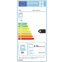 PKM Backofen Energieetikett mit der Energieeffizienzklasse A, einem Energieverbrauch von 0,76 Kilowattstunden pro Zyklus und einem Volumen von 59 Litern