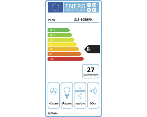 PKM Energieeffizienzlabel S13-60BBPH, Energieeffizienzklasse B, jährlicher Energieverbrauch 27 kWh, Geräuschentwicklung 65 Dezibel