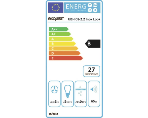 Energielabel für Exquisit UBH 08-2.2 Inox Look Dunstabzugshaube mit Energieeffizienzklasse B, einem jährlichen Energieverbrauch von 27 Kilowattstunden und einer Lautstärke von 65 Dezibel