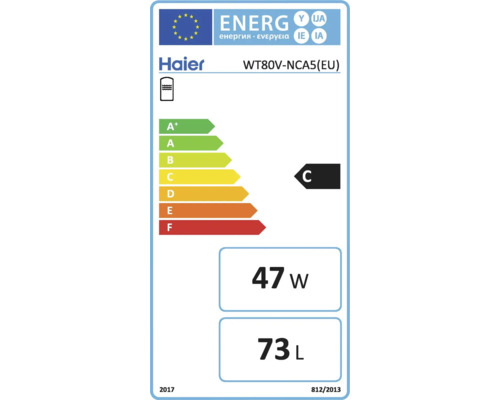 Haier Energielabel WT80V-NCA5(EU) mit Energieeffizienzklasse C, Stromverbrauch 47 Watt und 73 Liter Fassungsvermögen