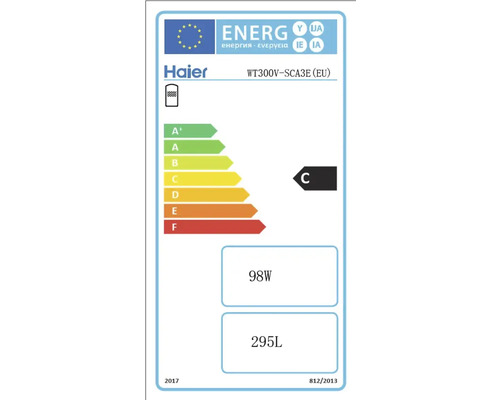 Haier Energielabel WT300V-SCA3E (EU) mit Energieeffizienzklasse C, Stromverbrauch 98 Watt und 295 Liter Fassungsvermögen.