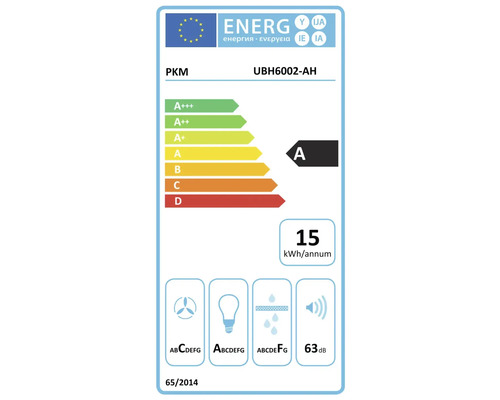Energielabel PKM UBH6002-AH mit Energieeffizienzklasse A, jährlicher Energieverbrauch 15 Kilowattstunden und Lautstärke 63 Dezibel