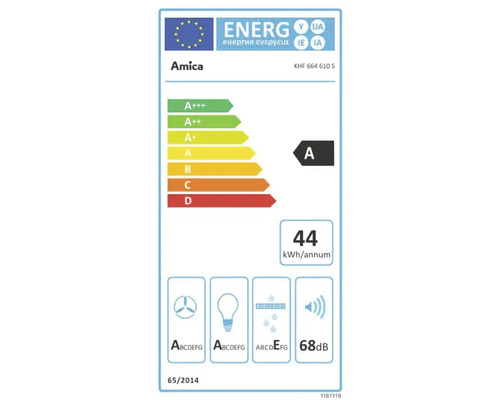 Amica Energielabel mit Energieeffizienzklasse A, Energieverbrauch 44 kWh pro Jahr und Geräuschemission 68 Dezibel