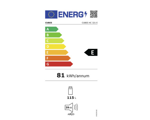 Energieeffizienzlabel CUBES HC 321 E mit einem jährlichen Energieverbrauch von 81 Kilowattstunden, einem Fassungsvermögen von 115 Litern und einer Geräuschemission von 39 Dezibel
