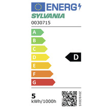 Europäisches Energielabel für Sylvania 0030715, Energieeffizienzklasse D, Energieverbrauch 5 Kilowattstunden pro 1000 Stunden.