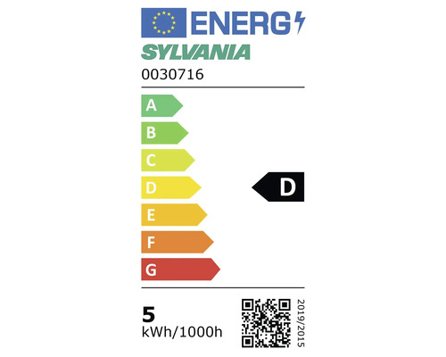 Energielabel für Sylvania 0030716, Energieeffizienzklasse D auf einer Skala von A bis G, Verbrauch 5 Kilowattstunden pro 1000 Stunden.