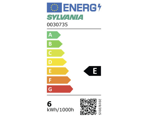 Energielabel der Europäischen Union von Sylvania, Modell 0030735, Energieeffizienzklasse E, Energieverbrauch 6 Kilowattstunden pro 1000 Stunden.