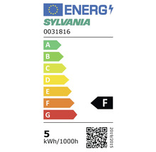 Sylvania Logo auf Europäische Union Energielabel für Modell 0031816, Energieeffizienzklasse F, Verbrauch 5 Kilowattstunden pro 1000 Stunden.