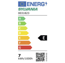 Europäisches Energielabel für Sylvania 0031823, Energieeffizienzklasse E auf einer Skala von A bis G, 7 Kilowattstunden pro 1000 Stunden.