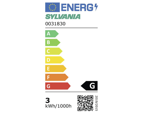 Energieeffizienzlabel der Europäischen Union für Sylvania 0031830, Energieklasse G, 3 Kilowattstunden pro 1000 Stunden.