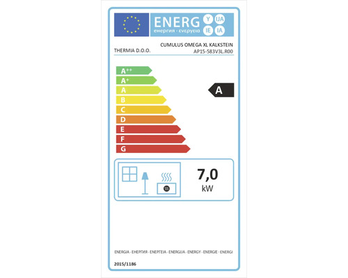 Europäisches Energielabel für Cumulus Omega XL Kalkstein von Thermia mit Energieeffizienzklasse A und einer Wärmeleistung von 7,0 Kilowatt.