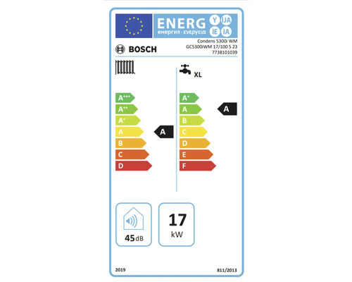 Bosch Energielabel für Heizungsprodukt mit Energieeffizienzklasse A, XL Wasserhahnprofil, 45 Dezibel und 17 Kilowatt