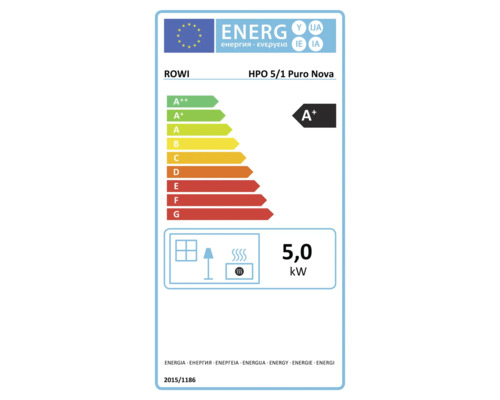 EU-Energielabel für ROWI HPO 5/1 Puro Nova, Energieeffizienzklasse A plus, Wärmeleistung 5,0 Kilowatt.
