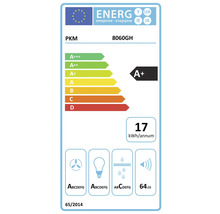 EU-Energielabel für Dunstabzugshaube PKM 8060GH, Energieklasse A plus, 17 Kilowattstunden pro Jahr, 64 Dezibel.