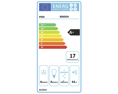 EU-Energielabel für Dunstabzugshaube PKM 8060GH, Energieklasse A plus, 17 Kilowattstunden pro Jahr, 64 Dezibel.