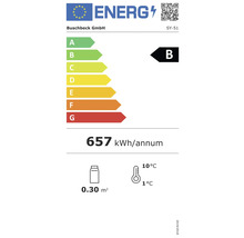 Energielabel mit der Energieeffizienzklasse B, einem jährlichen Energieverbrauch von 657 Kilowattstunden, einem Volumen von 0,30 Quadratmetern und einer Temperaturspanne von 1 bis 10 Grad.