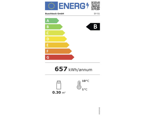 Energielabel mit der Energieeffizienzklasse B, einem jährlichen Energieverbrauch von 657 Kilowattstunden, einem Volumen von 0,30 Quadratmetern und einer Temperaturspanne von 1 bis 10 Grad.