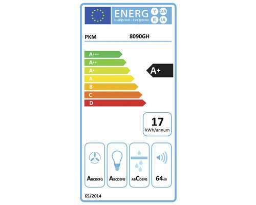 EU-Energielabel für PKM 8090GH, Energieeffizienzklasse A plus, 17 Kilowattstunden pro Jahr, 64 Dezibel.