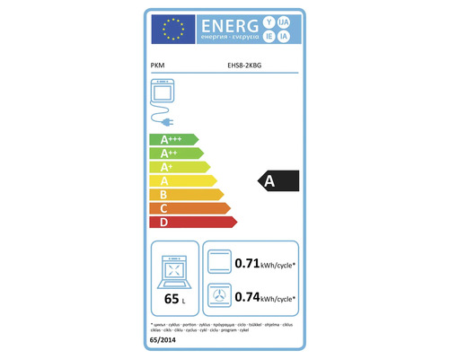 EU-Energielabel PKM Backofen EHS8-2KBG. Energieklasse A, Volumen 65 Liter. Verbrauch 0,71 Kilowattstunden konventionell, 0,74 Kilowattstunden Umluft.