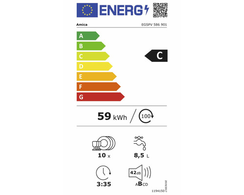 EU-Energielabel für Amica Geschirrspüler EGSPV 586 901, Klasse C, 59 Kilowattstunden pro 100 Zyklen, 10 Maßgedecke, 8,5 Liter Wasser, 42 Dezibel.