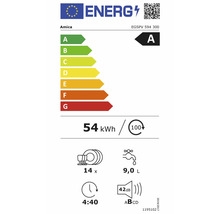 Energielabel Amica Geschirrspüler EGSPV 594 300. Energieklasse A, 54 Kilowattstunden pro 100 Zyklen, 14 Maßgedecke, 9 Liter Wasser, 42 Dezibel.