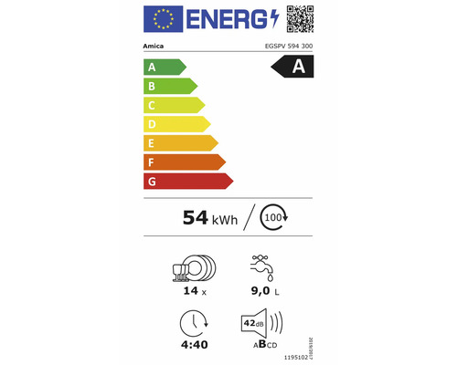 Energielabel Amica Geschirrspüler EGSPV 594 300. Energieklasse A, 54 Kilowattstunden pro 100 Zyklen, 14 Maßgedecke, 9 Liter Wasser, 42 Dezibel.