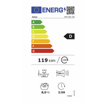 EU Energielabel für Amica WTP 483 100: Energieeffizienzklasse D, 119 Kilowattstunden pro 100 Zyklen, 8 Kilogramm Kapazität, 64 Dezibel.