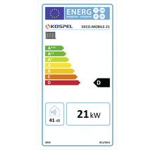 Europäisches Energielabel für Kospel EKCO.MOBILE-21, Energieeffizienzklasse D, Nennwärmeleistung 21 Kilowatt, Schallleistungspegel 41 Dezibel.