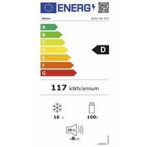 Europäisches Energielabel für Amica EKSS 361 915, Klasse D, 117 Kilowattstunden pro Jahr, 100 Liter Kühlraum, 16 Liter Gefrierraum, 35 Dezibel.