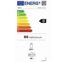 Energielabel Amica EVKSX 352 241: Energieeffizienzklasse D, 80 Kilowattstunden pro Jahr, 197 Liter Volumen, 35 Dezibel.