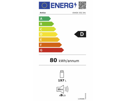 Energielabel Amica EVKSX 352 241: Energieeffizienzklasse D, 80 Kilowattstunden pro Jahr, 197 Liter Volumen, 35 Dezibel.