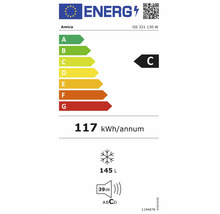 EU Energielabel für Amica GS 321 130 W, Energieeffizienzklasse C, 117 Kilowattstunden pro Jahr, 145 Liter Gefriervolumen, 39 Dezibel.