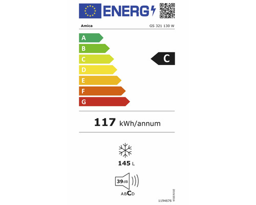 EU Energielabel für Amica GS 321 130 W, Energieeffizienzklasse C, 117 Kilowattstunden pro Jahr, 145 Liter Gefriervolumen, 39 Dezibel.