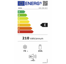 EU Energielabel für Amica KGCL 386 160 E, Energieeffizienzklasse E, 210 kWh pro Jahr, Gefrierfach 74 Liter, Kühlfach 153 Liter, 39 Dezibel.