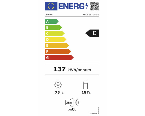 EU-Energielabel Amica KGCL 387 160 E. Effizienzklasse C. Verbrauch 137 Kilowattstunden. Kühlteil 187 Liter. Gefrierteil 75 Liter. 38 Dezibel, Klasse C.