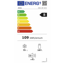 EU-Energielabel für Amica KGCL 387 165 E: Klasse B, 109 Kilowattstunden pro Jahr, 187 Liter Kühlraum, 75 Liter Gefrierraum, 38 Dezibel, Klasse C.