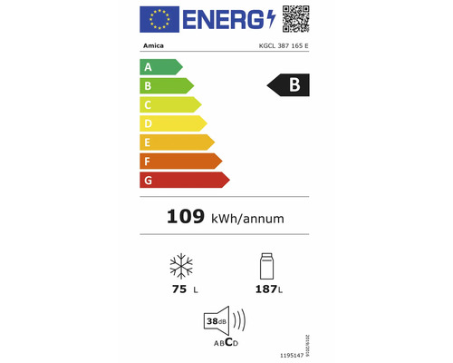 EU-Energielabel für Amica KGCL 387 165 E: Klasse B, 109 Kilowattstunden pro Jahr, 187 Liter Kühlraum, 75 Liter Gefrierraum, 38 Dezibel, Klasse C.