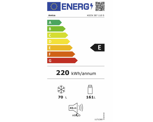 Amica Energieeffizienzlabel KGCN 387 110 S. Klasse E. 220 Kilowattstunden pro Jahr. 70 Liter Gefrierfach, 161 Liter Kühlfach. 41 Dezibel.