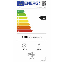 EU-Energielabel für Amica KGCN 388 145 W, Klasse C, 140 Kilowattstunden pro Jahr, 70 Liter Gefriervolumen, 180 Liter Kühlvolumen, 39 Dezibel.