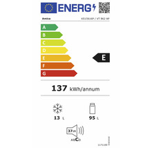 Europäisches Energielabel Amica Kühlschrank, Klasse E, 137 Kilowattstunden pro Jahr, 13 Liter Gefrierfach, 95 Liter Kühlfach, 37 Dezibel.